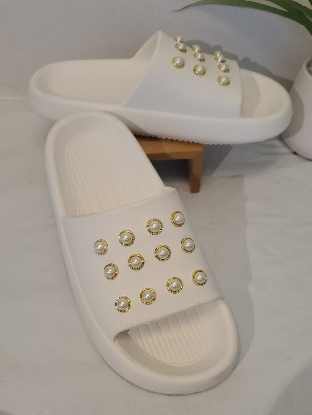 White Pearl-Embellished Slide Sandals